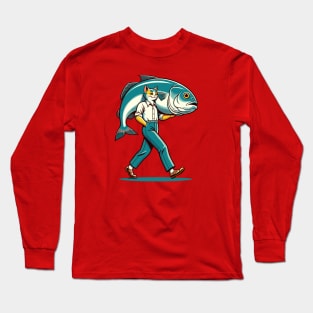 Cat carrying a large fish Long Sleeve T-Shirt